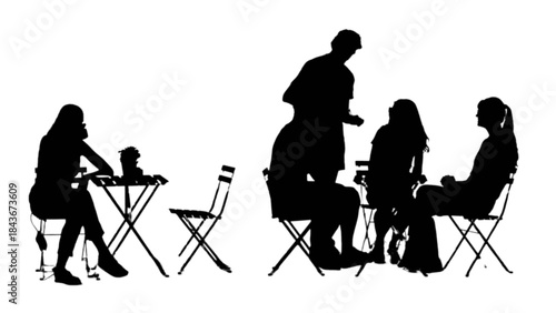 Group of young adults enjoying beverages at outdoor cafe tables on a sunny day.