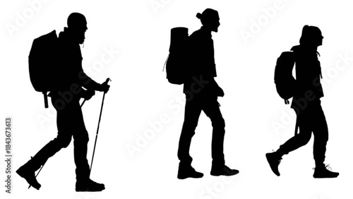 Three hikers with backpacks walking on a white background.
