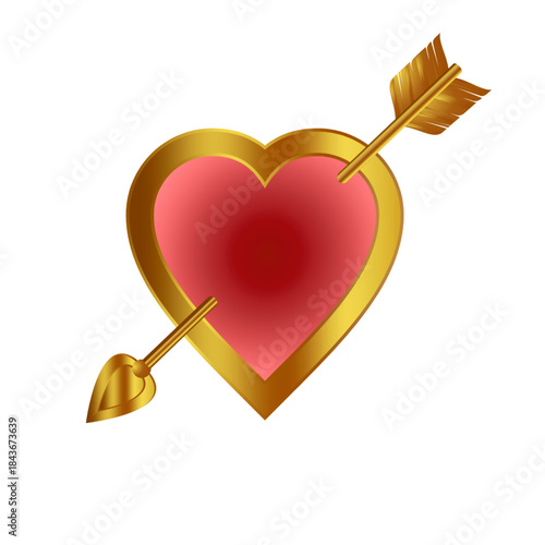 A stylized red heart with a shiny gold frame pierced diagonally by a golden Cupids arrow.