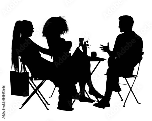 Three friends enjoying drinks and conversation at an outdoor cafe.