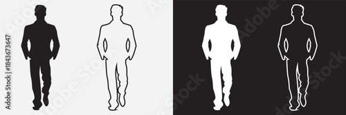 Fashion boys icon. Black and white male Fashion boys silhouette variations with filled and outlined styles, isolated on contrasting backgrounds for design and branding use.
