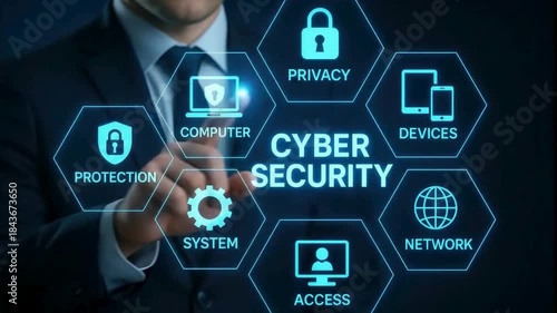 Executive Managing Cybersecurity Modules Including Privacy, Devices & Network | Digital Security Dashboard with Interactive Tech Icons | Enterprise Cyber Protection Strategy Visualized Through Touch I