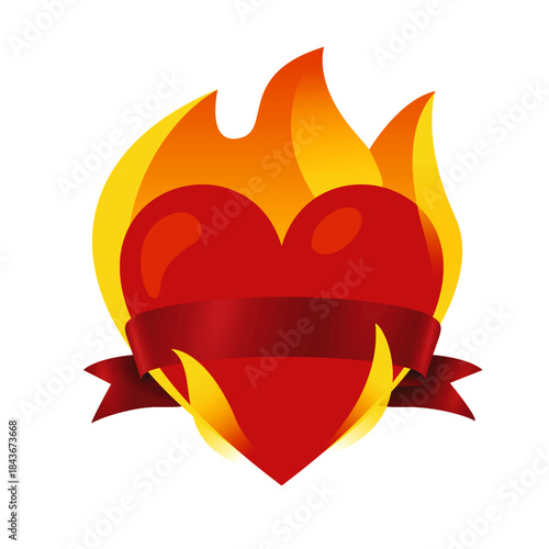 A vibrant red heart engulfed in yellow and orange flames wrapped with a blank dark red ribbon banner.
