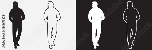 Fashion boys icon. Black and white male Fashion boys silhouette variations with filled and outlined styles, isolated on contrasting backgrounds for design and branding use.
