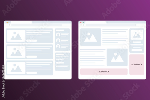 Modern browser interface wireframe layout with content cards, sidebar widgets and advertising blocks for responsive website dashboard design vector
