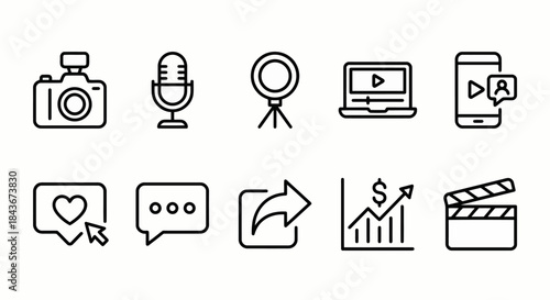 Content Creation and Social Media Marketing Icon Set: Camera, Microphone, Ring Light, Laptop Video, Mobile Video Chat, Like Click, Speech Bubbles, Share Arrow, Growth Chart, Clapperboard