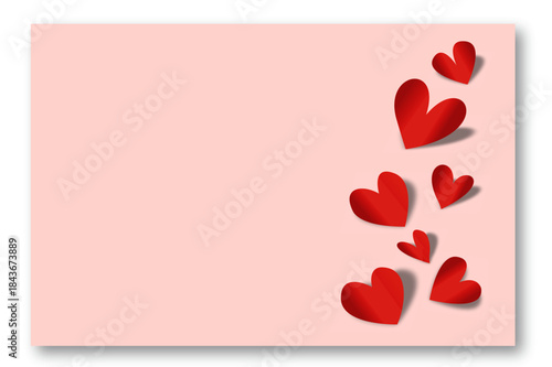 A vertical cascade of red 3D paper-cut hearts with soft shadows and a folded texture.