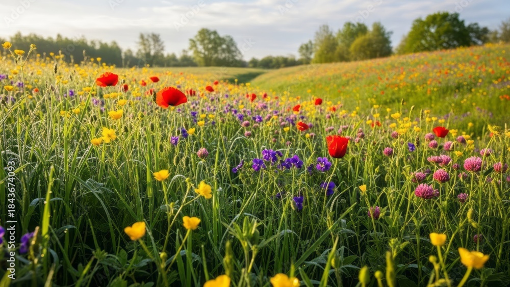 Obraz premium Vibrant Wildflower Meadow in Spring Wildflowers Nature Flowers. Concept featuring wildflowers, meadow, spring, nature, flowers.