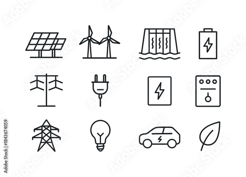 Sustainable Energy Icons. Sustainable energy infrastructure. Lin