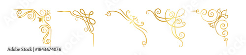 set of five elegant golden corner ornaments with intricate calligraphic swirls and floral motifs.