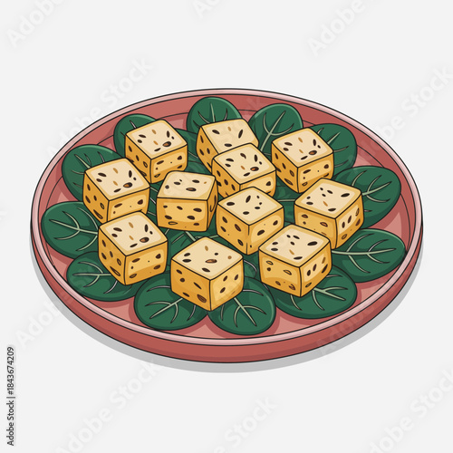 This appetizing illustration features neatly arranged tofu cubes on a bed of greens, artfully displayed, symbolizing healthy eating and culinary creativity.