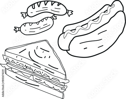 hand drawn vector illustration of hotdog sand wise and sausage
