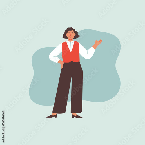 A confident businesswoman standing posed, showcasing a blend of professionalism and style in her outfit, representing empowerment and modernity in the corporate world.
