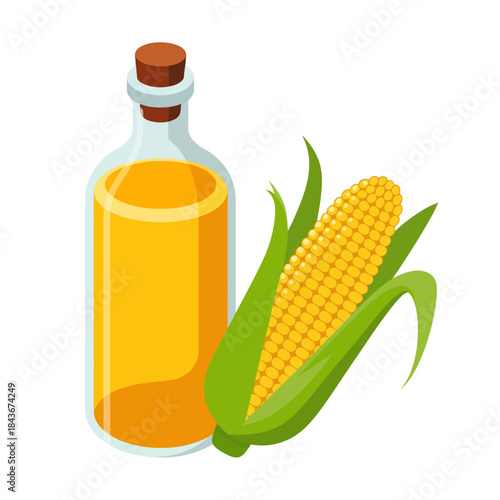 An appealing illustration featuring a bottle of corn oil alongside an ear of corn, emphasizing the relationship between nature's bounty and culinary uses in the kitchen.