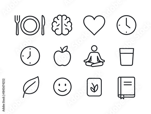 Mindful Eating Icons. Mindful eating. Line icon set of mindful e