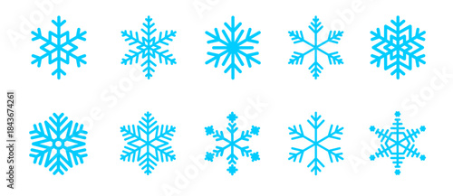 A collection of ten unique light blue snowflake icons with varied geometric crystal patterns.