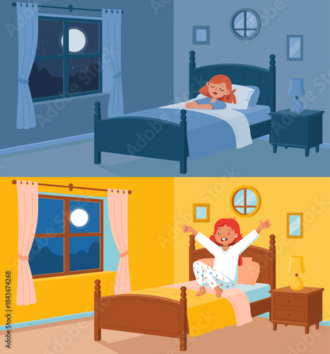 A split-image depicts a child's bedroom transitioning from night to day, showcasing the joy of waking up to a bright morning, symbolizing innocence and excitement.