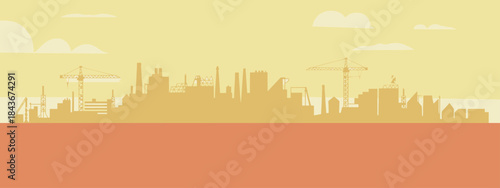 A stylized silhouette of an industrial skyline with construction cranes and structures, representing growth, development, and the bustle of urban life against a cloudy backdrop.