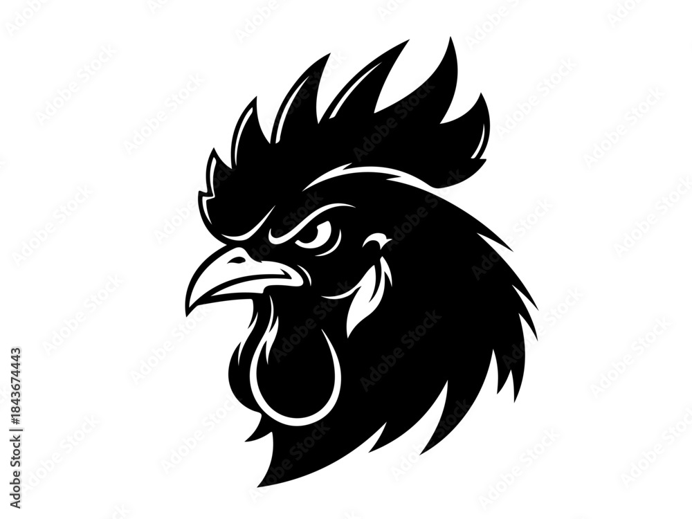 Obraz premium A striking black silhouette of a rooster's head with an intense, determined expression.
