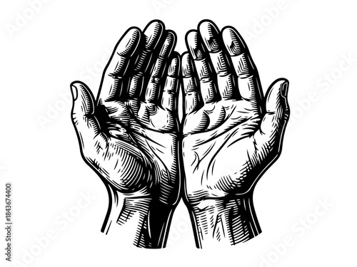 A detailed black and white illustration of two open hands held upwards in a gesture of prayer or supplication.