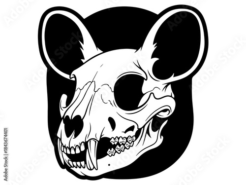 A stylized illustration of a white rat skull with large ears against a black circular background.
