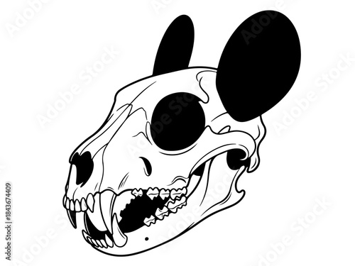A detailed black and white illustration of a stylized animal skull with large, round ears.