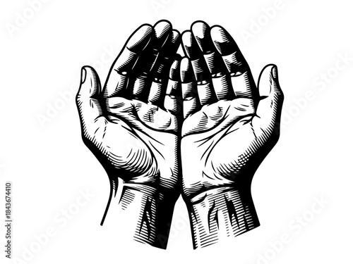 A detailed black and white illustration of two open hands cupped together, as if holding or receiving something.