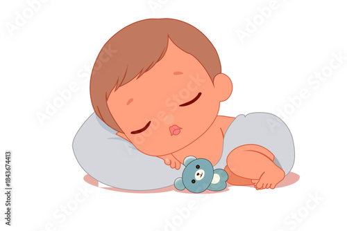 Cute cartoon baby with brown hair sleeping peacefully on a pillow with a small blue teddy bear.