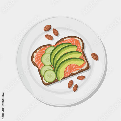 This image depicts a healthy avocado salmon toast garnished with nuts, showcasing the appeal of nutritious meals and modern culinary trends in food photography.