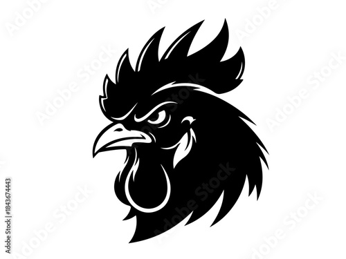 A striking black silhouette of a rooster's head with an intense, determined expression.