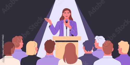 A confident woman stands on stage with a microphone, addressing a captivated audience under spotlight, illustrating themes of public speaking, leadership, and engagement.