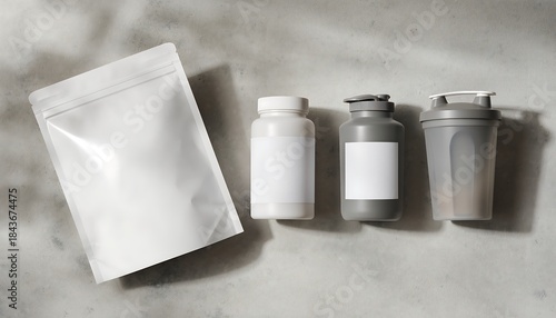 Blank white and grey supplement packaging mockup. Flexible pouch, two bottles, and a shaker cup on a concrete background, ideal for product branding in health and fitness