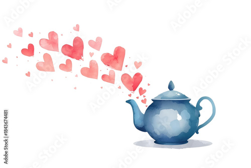 blue ceramic teapot with an abstract stream of bright pink and red hearts flowing from the spout, no background svg