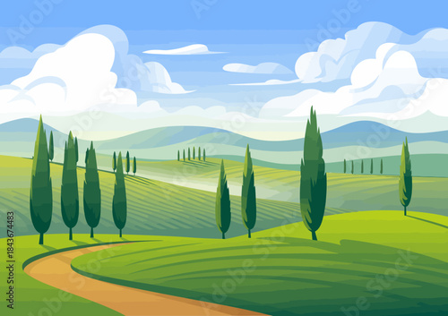 A picturesque landscape showcasing lush green rolling hills, vibrant cypress trees under a serene sky, evoking tranquility, peace, and the beauty of nature's simplicity.