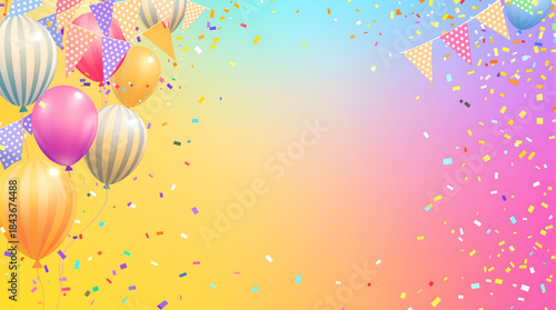 Colorful party balloons and confetti on a vibrant gradient background