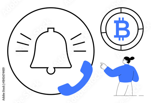 Finance, cryptocurrency, notifications, digital currency, technology, innovation. Bitcoin symbol, notification bell and person pointing. Finance and cryptocurrency concept highlighting digital