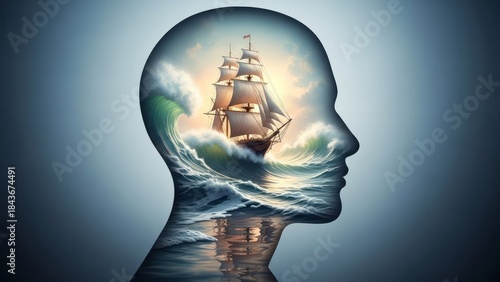 Creative Mind with Sailing Ship and Waves Surreal Imagination Ocean. Concept featuring surreal, imagination, ocean, waves, sailing ship.