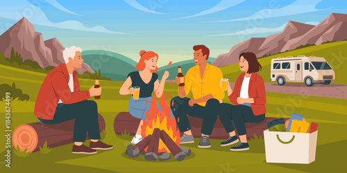 A group of four friends are gathered around a campfire, enjoying drinks and great company in a scenic outdoor setting surrounded by mountains and greenery.