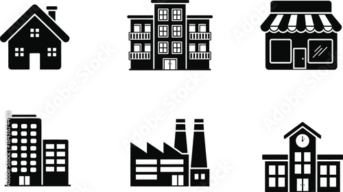 Black silhouette icons of essential buildings house, apartment, shop, office, factory, school. Perfect for urban mapping, architectural plans, and graphic design