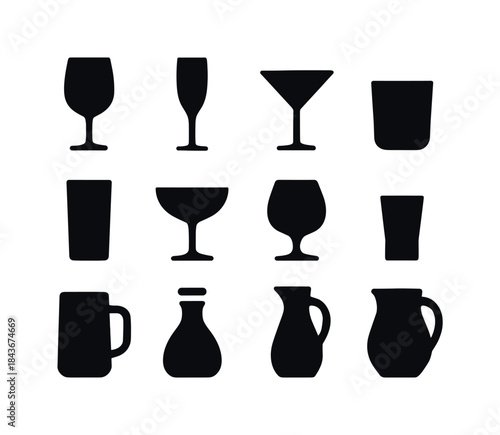 Black Glassware Icons. Glassware. Solid icon set of Glassware: w