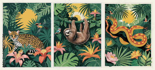 Stylized vector jungle posters featuring an ocelot, sloth, and python among vibrant tropical foliage and flowers.