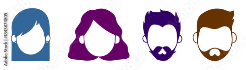 Diverse group of four minimalist faceless character heads with colorful hair and beards.
