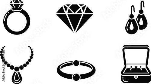 Collection of jewelry icons a diamond ring, diamond, earrings, necklace, bracelet, and jewelry box