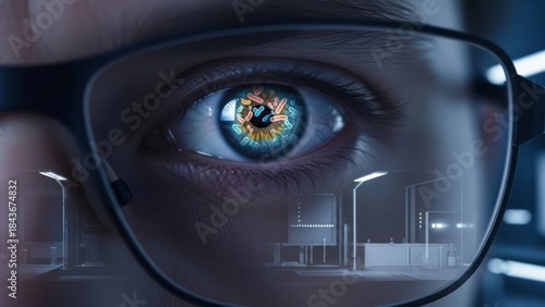 Close-up of Eye with Digital Reflection Glasses Technology Vision. Concept featuring eye, glasses, digital, reflection, technology.