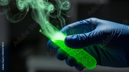 Glowing Green Liquid in Test Tube Laboratory Science Experiment. Concept featuring test tube, green liquid, laboratory, science, experiment.