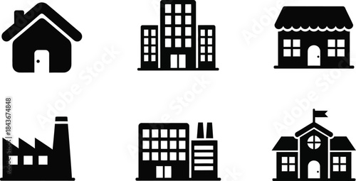 Collection of Diverse Building Icons Representing Homes, Offices, Shops, Factories, and Schools