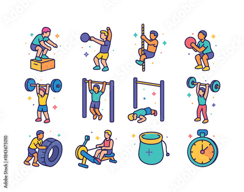 Crossfit Icon Set. Crossfit HIIT. Colorful isometric vector icon