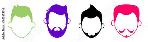 Vibrant collection of four stylized, faceless male head icons with unique hairstyles and beards.