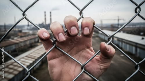 Hand Grasping Chain Link Fence Industrial Urban Barrier. Concept featuring hand, chain link fence, grasping, industrial, urban.