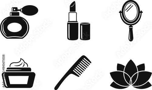 A collection of six black and white icons representing beauty and self-care items a perfume bottle, lipstick, hand mirror, cream jar, comb, and lotus flower